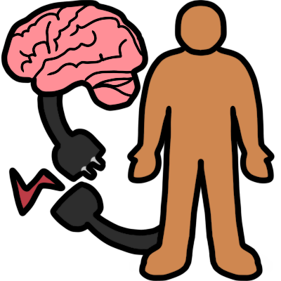 a pink brain and a light brown colored body. both have a black cable with plug coming out of them. the plugs are disconnected, and there's a small red zigzag showing that it isn't working.